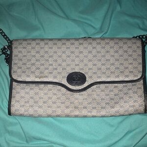 Early 2000s Gucci Gray And Navy Clutch With Added Metal Strap